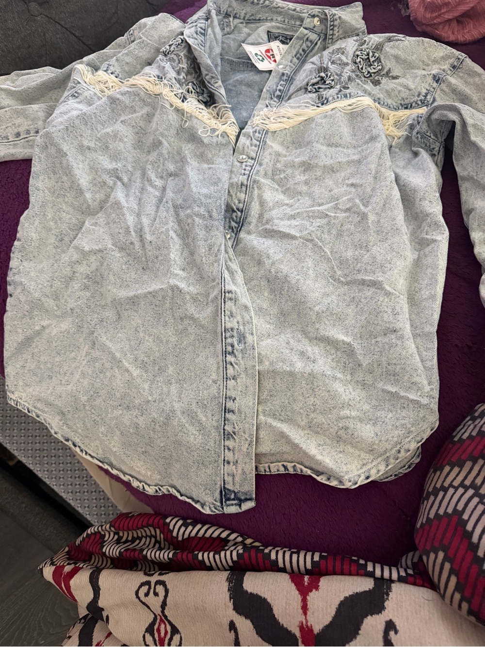 Light Acid-Wash Denim Button-Up Shirt with Fringe Detail